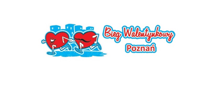 Logotyp Biegu Walentynkowego - dwie postacie serc biegną i trzymają się za ręce. W tle widać niebieskie budynki, zaś obok jest czerwona nazwa biegu z niebieską obwódką