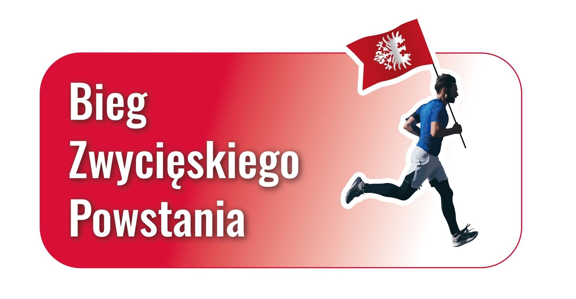 Logotyp Biegu Zwycięskiego Powstania - na czerwonym tle biała nazwa imprezy, a obok mężczyzna biegnący z flagą powstańczą