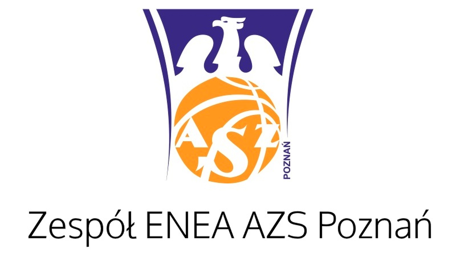 Logotyp Enei AZS Politechniki Poznań - w środku złota piłka z napisem AZS, z jej prawej strony napis z boku Poznań, nad nią biały orzeł oraz granatowe tło