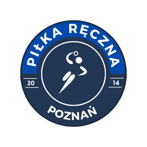 Logotyp Enei Piłki Ręcznej Poznań - granatowy logotyp z białym symbolem piłkarza ręcznego w środku. Dookoła napis Piłka Ręczna na niebieskim tle oraz na dole napis Poznań, po bokach data 2014