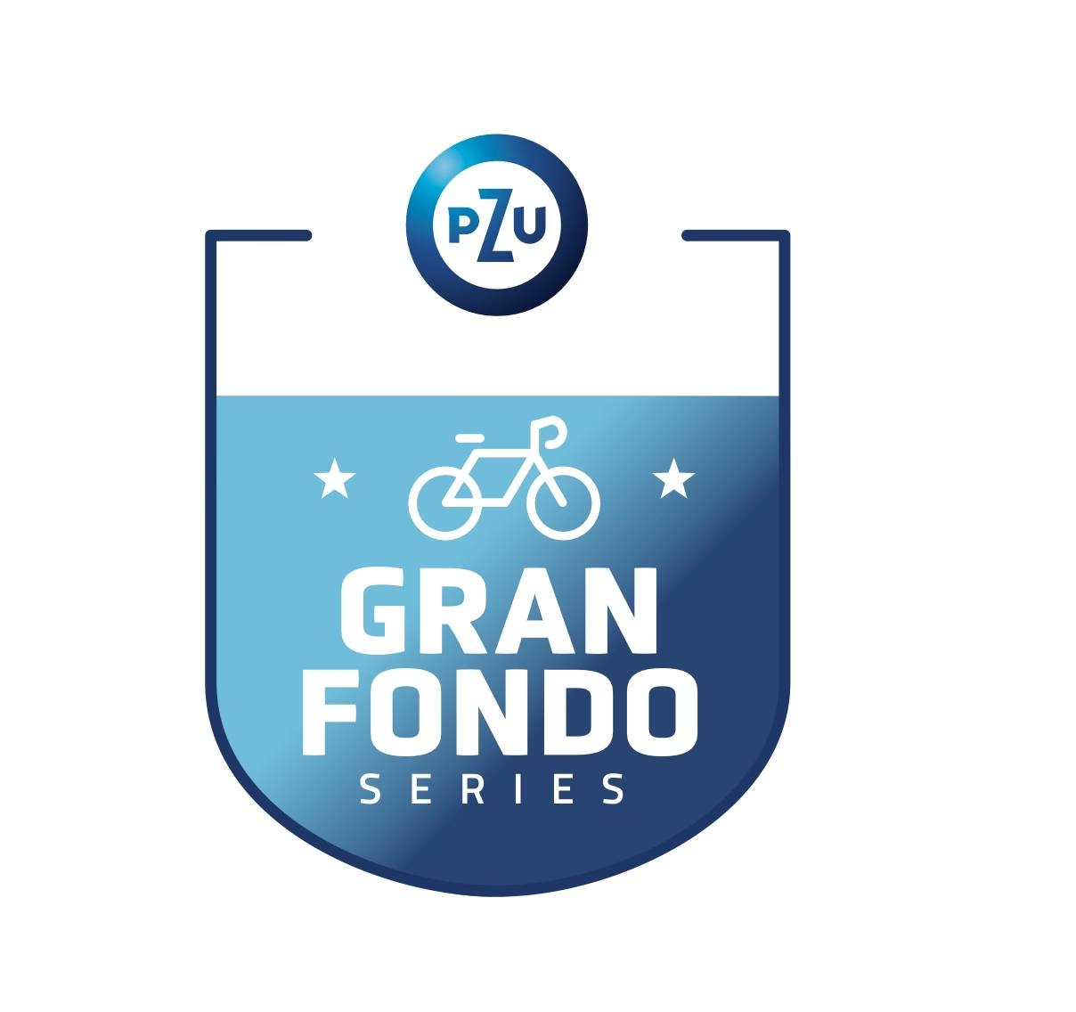 Logotyp Gran Fondo Poznań - herb z niebieską dolną częścią i białym tytułem biegu oraz białym symbolem roweru, zaś powyżej na białym tle symbol PZU