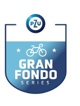 Logotyp Gran Fondo Poznań - herb z niebieską dolną częścią i białym tytułem biegu oraz białym symbolem roweru, zaś powyżej na białym tle symbol PZU