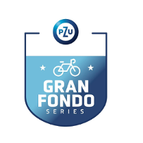 Logotyp Gran Fondo Poznań - herb z niebieską dolną częścią i białym tytułem biegu oraz białym symbolem roweru, zaś powyżej na białym tle symbol PZU