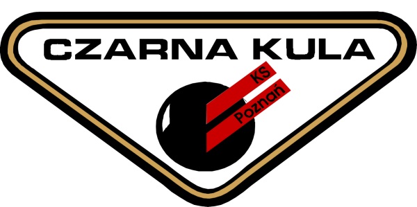 Logotyp KS Czarna Kula - w środku trójkąta o czarno-żółtym obramowaniu jest czarna bila i czarno-czerwona nazwa klubu, które znajdują się na białym tle