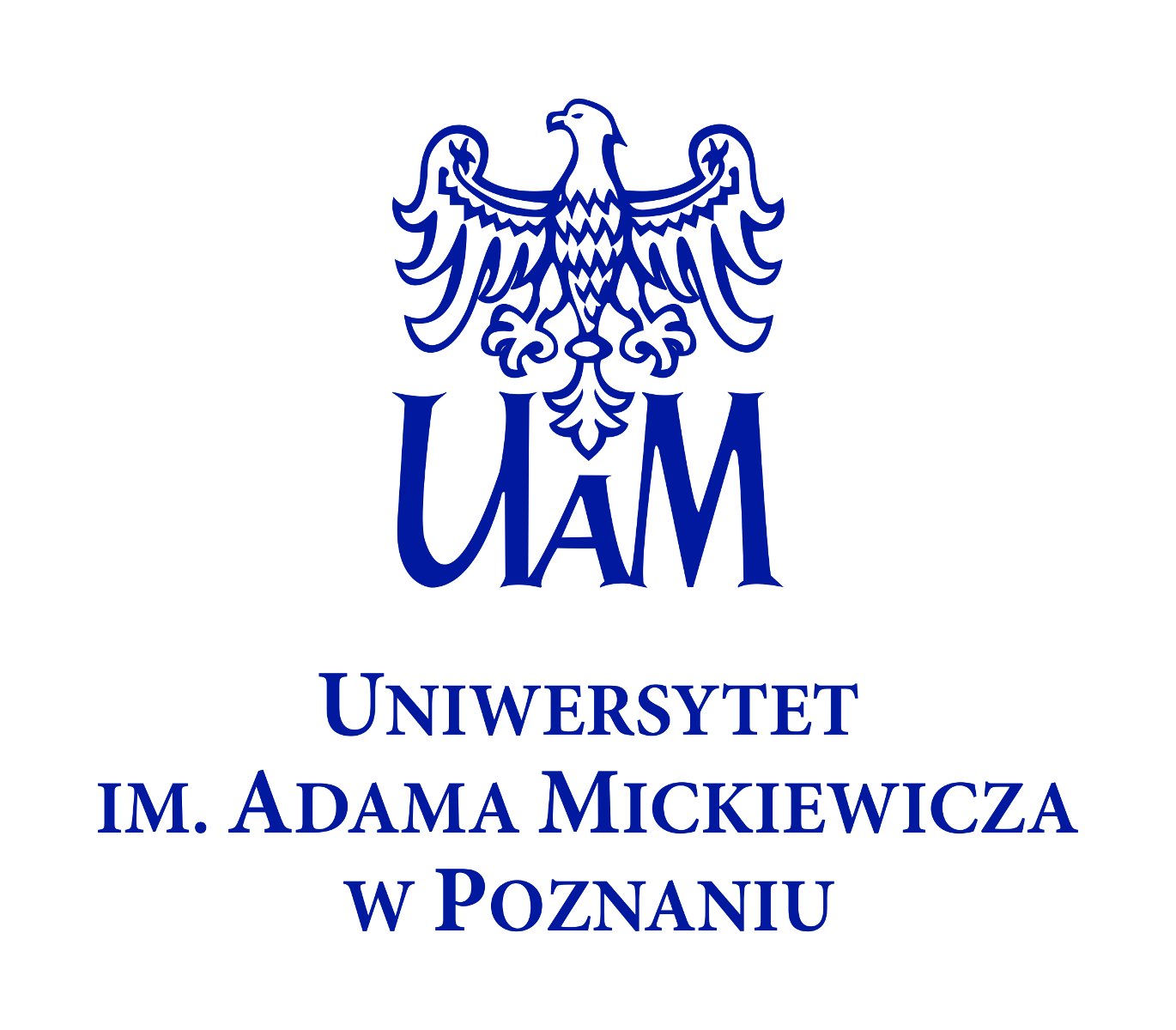 Logotyp KU AZS UAM Poznań - niebieski orzeł, a poniżej duży niebieski napis UAM, zaś jeszcze niżej rozwinięcie tego skrótu Uniwersytet im. Adama Mickiewicza