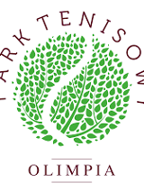 Logotyp Parku Tenisowego Olimpia - w środku piłka tenisowa zlożona z małych listów. Wokół Napis z nazwą obiektu