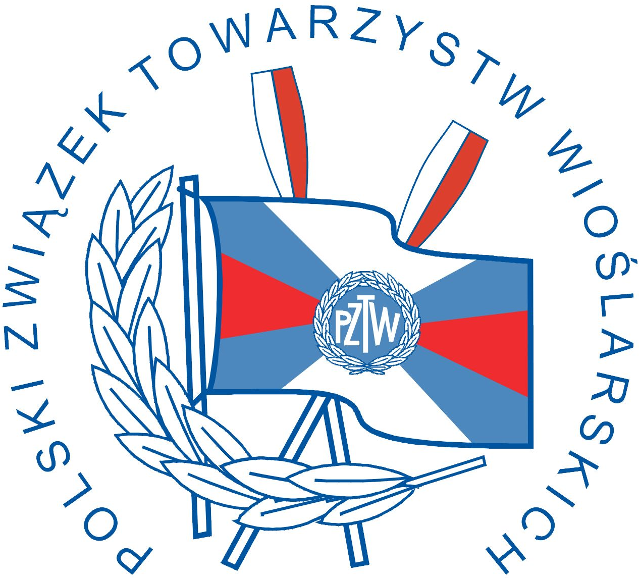 Logotyp Polskiego Związku Towarzystw Wioślarskich - niebiesko-czerwona flaga z białym napisem PZTW na niebieskim tle. Wokół niej wieniec laurowy oraz 2 skrzyżowane biało-czerwone wiosła, a także granatowa nazwa związku