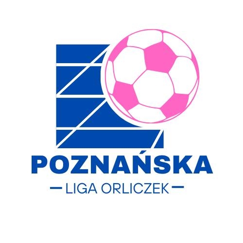 Logotyp Poznańskiej Ligi Orliczek - piłka w różowych kolorach na tle niebieskiej bieżni, a poniżej niebieski tytuł zawodów