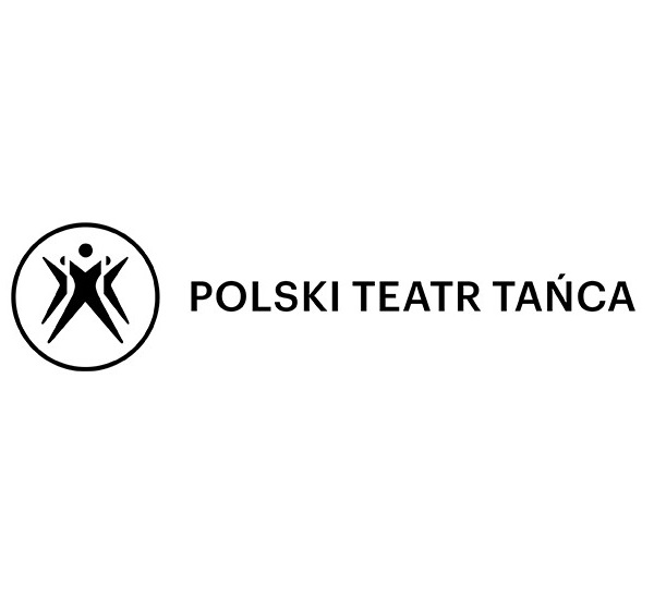 na białym tle czarny okrąg, wewnątrz rysunek czarnych tańczących postaci, obok czarny napis Polski Teatr Tańca