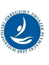 Logotyp Wielkopolskiego Okręgowego Związku Pływackiego - na niebieskim tle biały symbol osoby wskakującej do wody. Wokół niebieskie napis Wielkopolski Okręgowy Związek Pływacki