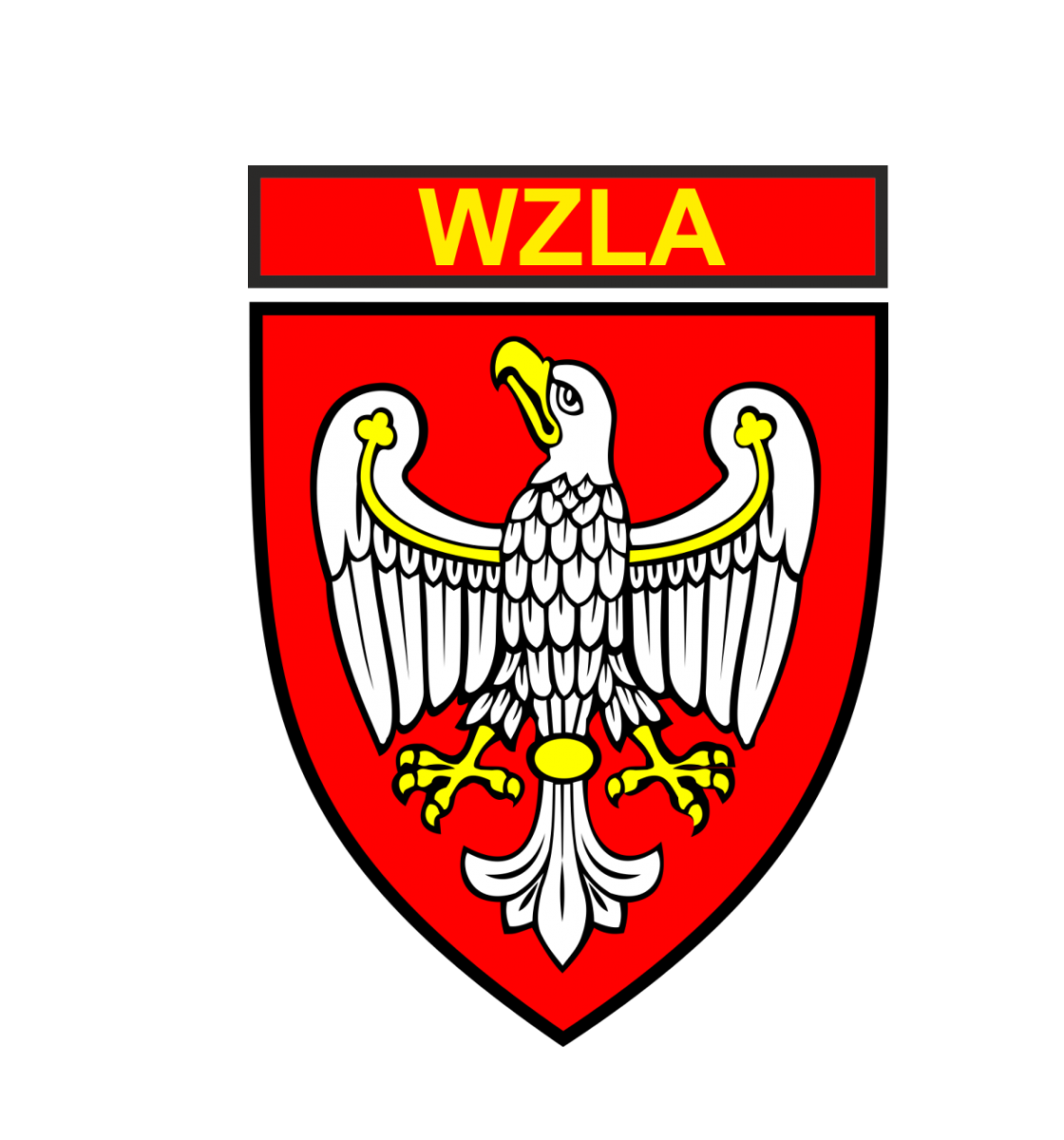 Logotyp Wielkopolskiego Związku Lekkiej Atletyki - biały orzeł ze złotym dziobem i szponami na czerwonym tle ze złotym napisem na górze WZLA