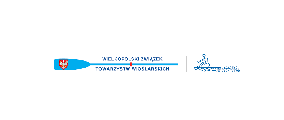 Logotyp Wielkopolskiego Związku Towarzystw Wielkopolskich - niebieskie wiosło z herbem Wielkopolski, a nad nim nazwa związku, a obok sylwetka wioślarza