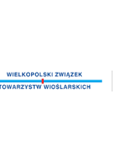 Logotyp Wielkopolskiego Związku Towarzystw Wielkopolskich - niebieskie wiosło z herbem Wielkopolski, a nad nim nazwa związku, a obok sylwetka wioślarza