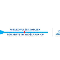Logotyp Wielkopolskiego Związku Towarzystw Wielkopolskich - niebieskie wiosło z herbem Wielkopolski, a nad nim nazwa związku, a obok sylwetka wioślarza