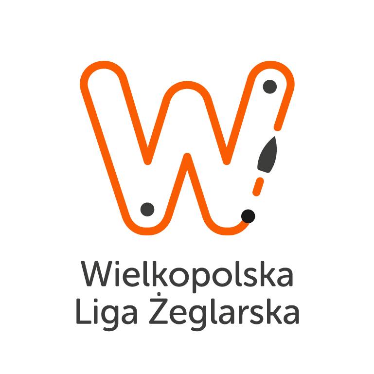 Logotyp Wielkopolskiej Ligi Żeglarskiej - litera W z pomarańczowym obramowaniem, a pod spodem czarny napis Wielkopolska Liga Żeglarska