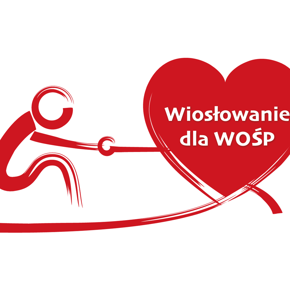 Logotyp Wiosłowania dla WOŚP - czerwona sylwetka wiosłującego czlowieka, zaś ergometrem jest czerwone serce z białym napisem Wiosłowanie dla WOŚP