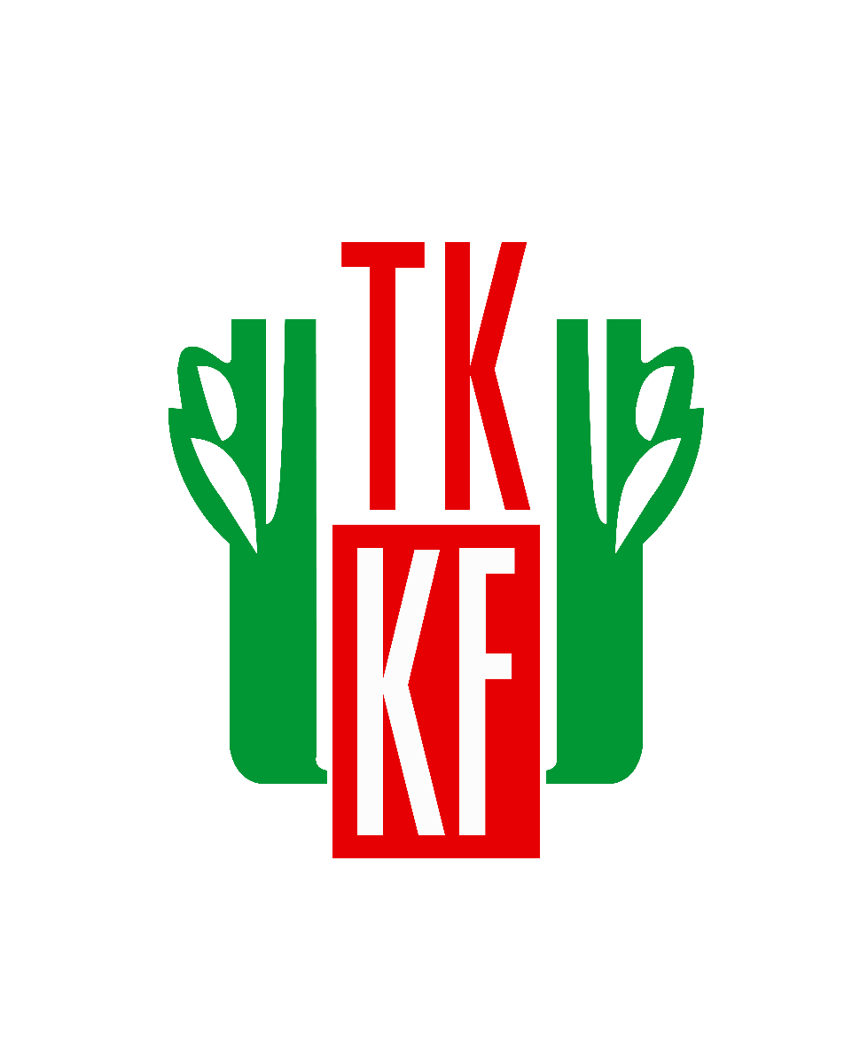 Logotyp WTKKF - w środku czerwone litery TKKF, a po bokach zielone laury tworzące literę W