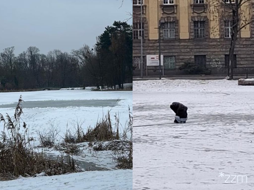 Ludzie wchodzący na zamarznięty staw