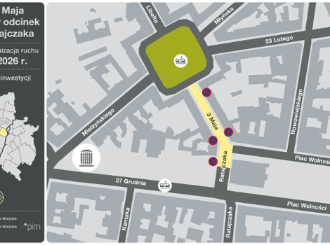 Mapa - grafika przedstawia czasową organizacje ruchu z 5 lutego 2026 roku ulicy 3 Maja i północny odcinek ulicy Ratajczaka