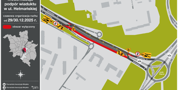 Mapa i infografika przedstawiające czasową organizację ruchu w Poznaniu, związaną z modernizacją podpór wiaduktu w ciągu ulicy Hetmańskiej.