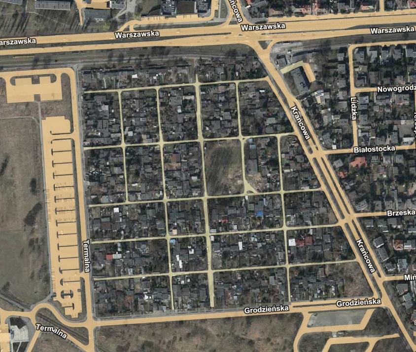 mapa lotnicza ukazująca teren osiedla Maltańskiego znajdującego się w granicach ulic: Warszawskiej, Krańcowej, Grodzieńskiej i Termalnej, ulice są zaznaczone na mapie