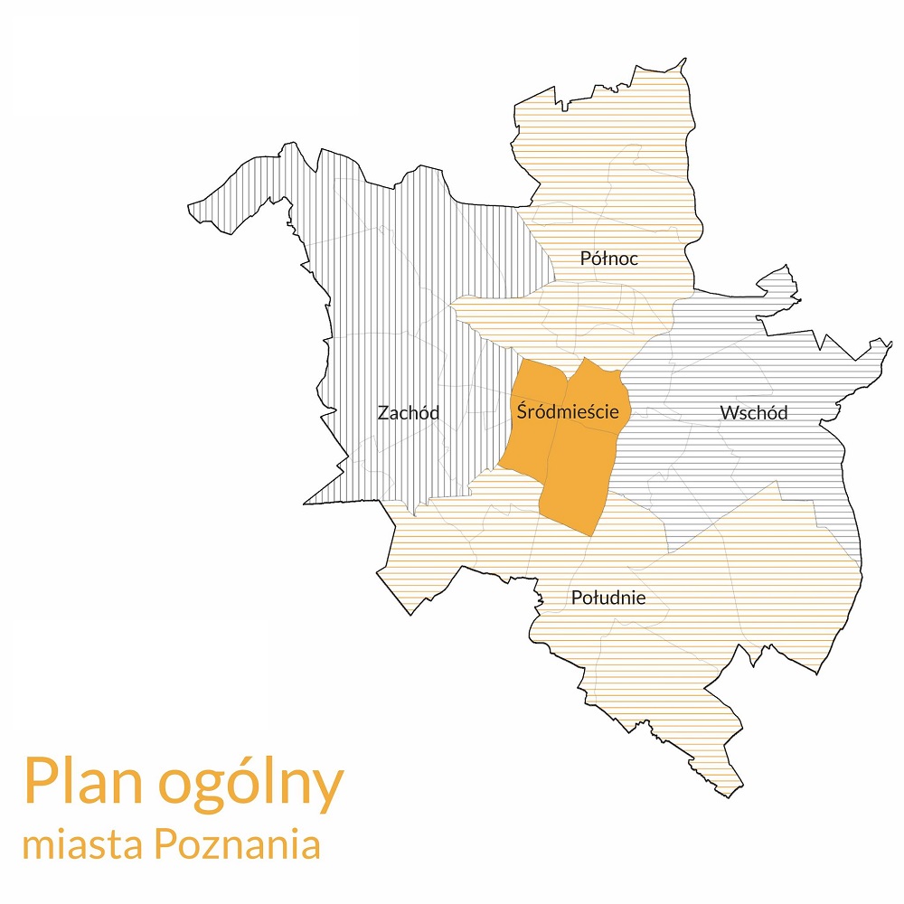 mapa Poznania z zaznaczonymi obszarami śródmieście, północ, południe, wschód, zachód i podpis plan ogólny miasta Poznania