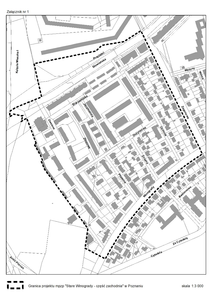 Mapa z konturami ulic i budynków z wyrysowanymi działkami wchodzącymi w granice mpzp.