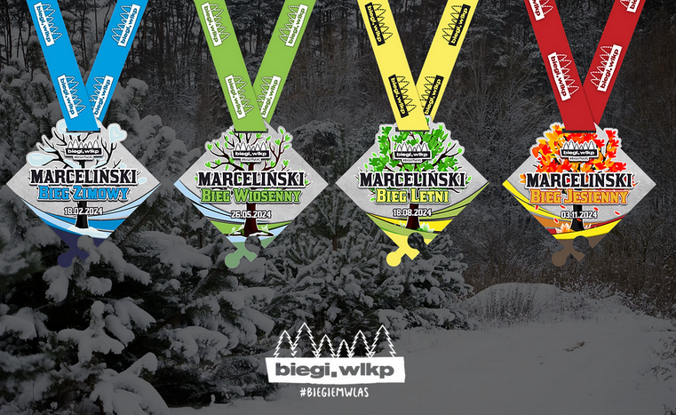 Zdjęcie, czterech medali zawieszonych na kolorowych szarfach.