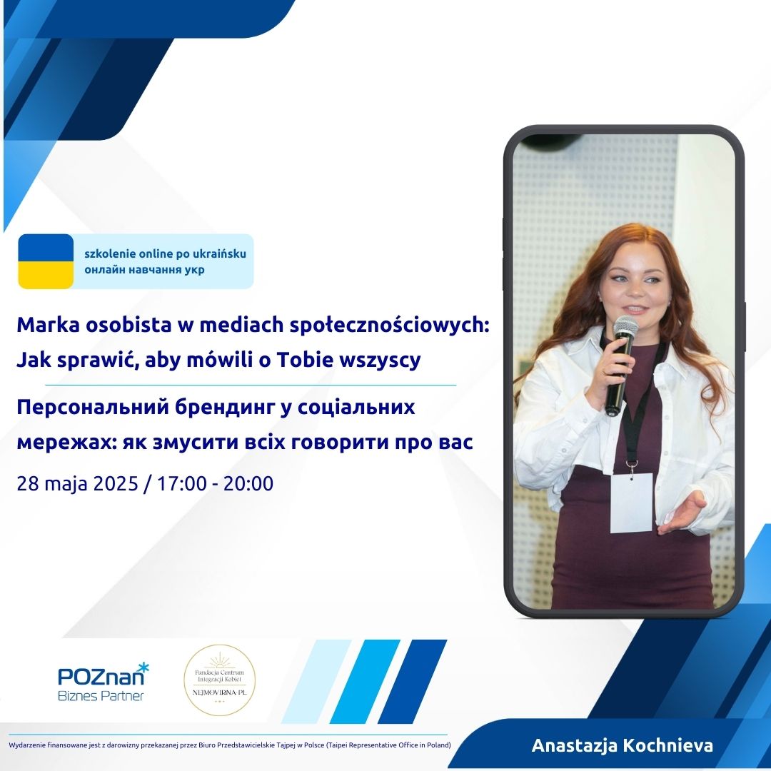 Grafika promocyjna szkolenia. Na zdjęciu informacje o szkoleniu oraz zdjęcie trenera w ramce telefonu