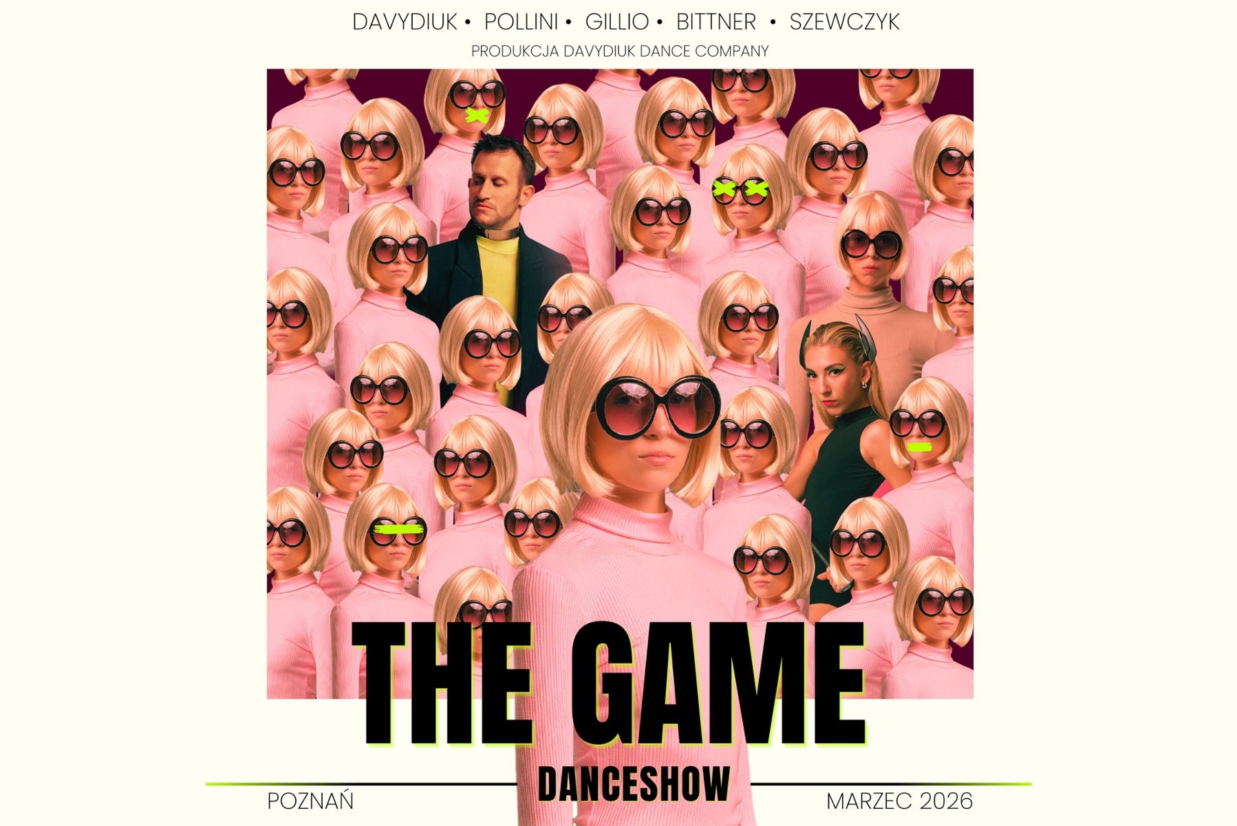 Widoczna wielokrotnie powielona postać młodej dziewczyny. Ma blond włosy, duże czarne okulary, ubrana jest w różowy golf. Wśród tych postaci widoczny mężczyzna i inna kobieta - wyróżniają się ciemnym strojemm.