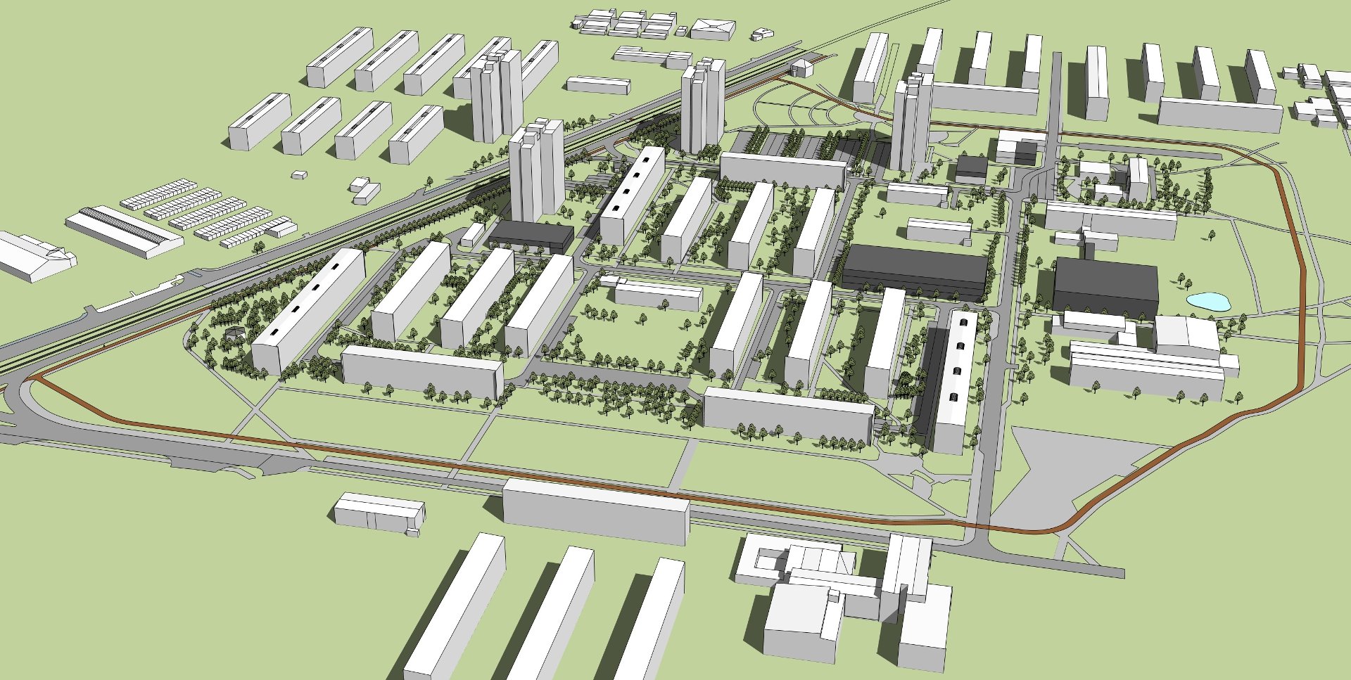 Model 3D przedstawiający układ urbanistyczny lub plan miasta. Widać różnorodne budynki o różnych wielkościach i kształtach, rozmieszczone w układzie przypominającym siatkę. Są wysokie budynki mieszkalne lub biurowe oraz mniejsze, prostokątne budynki, które mogą być apartamentowcami, biurami lub innymi obiektami. W obszarze znajdują się zielone przestrzenie, drzewa oraz ścieżki, co wskazuje na zaplanowane środowisko miejskie z uwzględnieniem zieleni i ruchu pieszych