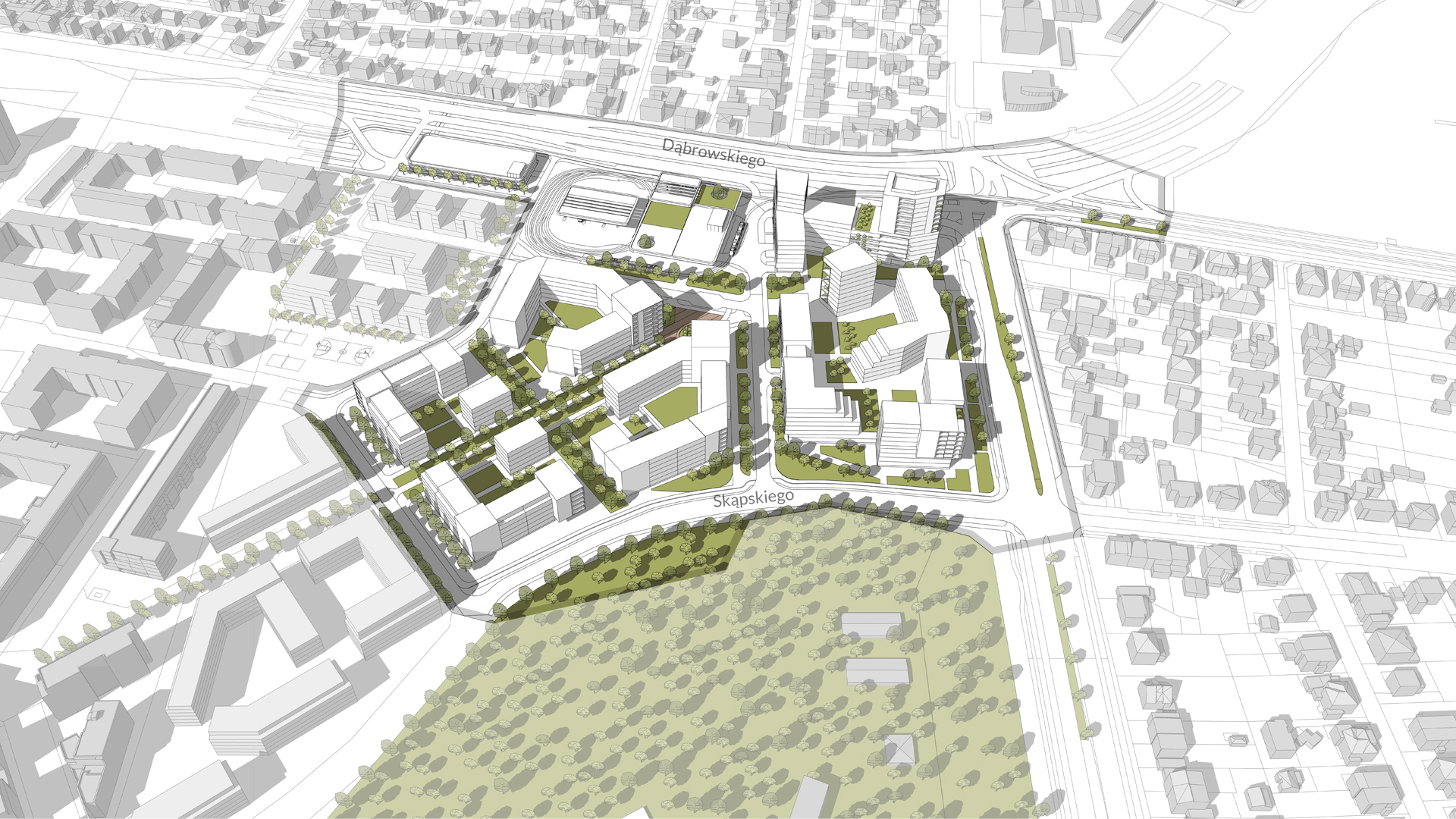 model 3D. Wizualizacja przedstawia widok z góry. Bryły istniejącej i projektowanej zabudowy. Kolorem zielonym podkreślono tereny zieleni i drzewa. W północnej części widoczna pętla tramwajowo - autobusowa.