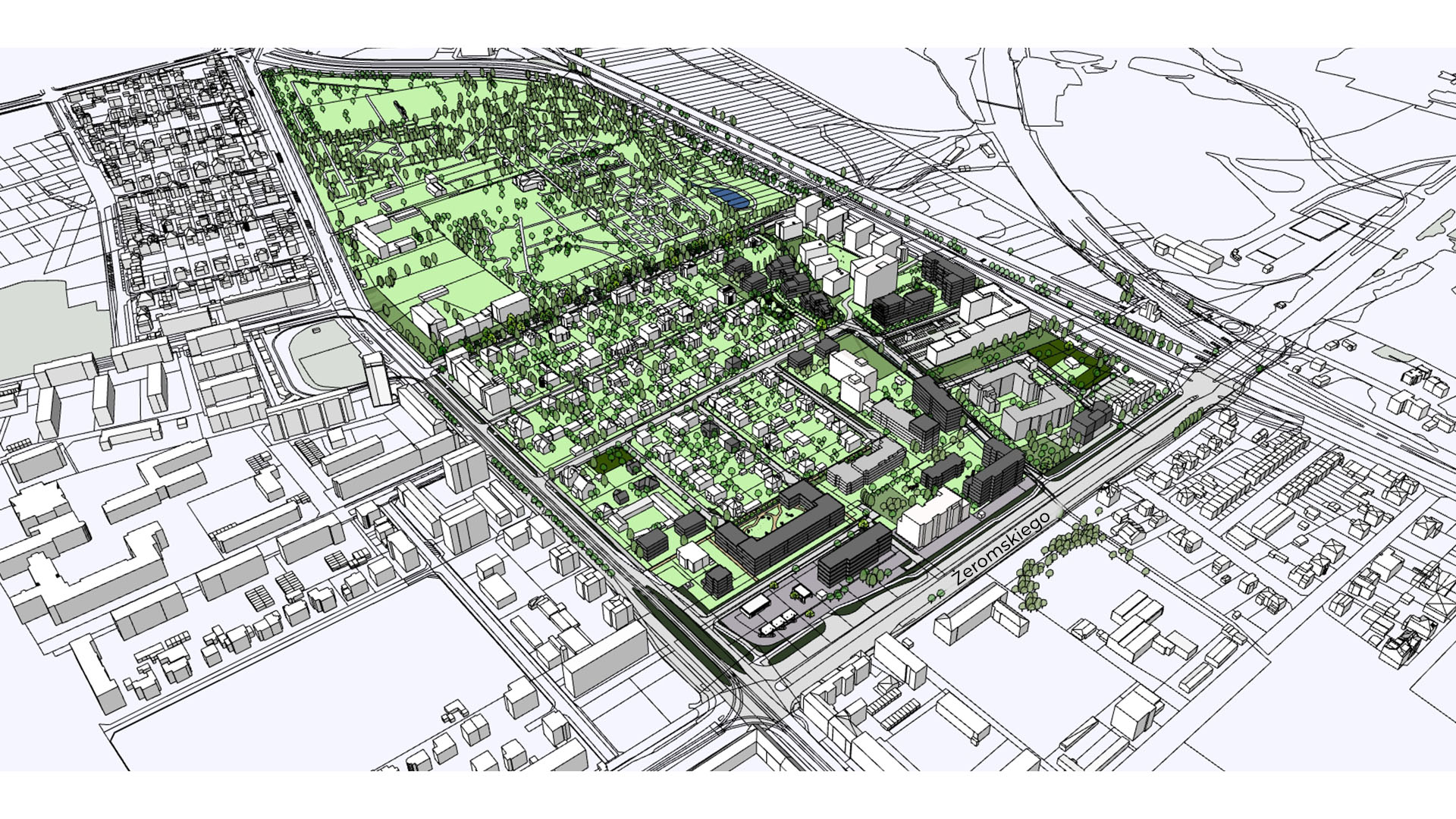 model 3D. Wizualizacja, widok z góry. Widoczne proste, białe bryły istniejącej zabudowy oraz szare bryły projektowanej zabudowy. Kolorem zielonym podkreślono tereny zieleni i drzewa między blokami. Z tawej strony wzdłuż ulicy napis: Żeromskiego.