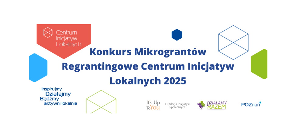 Na białym tle duży granatowy napis prostą czcionką Konkurs Mikrograntów Regrantingowe Centrum Inicjatyw Lokalnych 2025. Po lewej stronie napisu najduje się pomarańczowe logo programu Centrum Inicjatyw Lokalnych. Poniżej logo jest hasło: Inspirujmy. Działajmy. Bądźmy aktywni lokalnie!