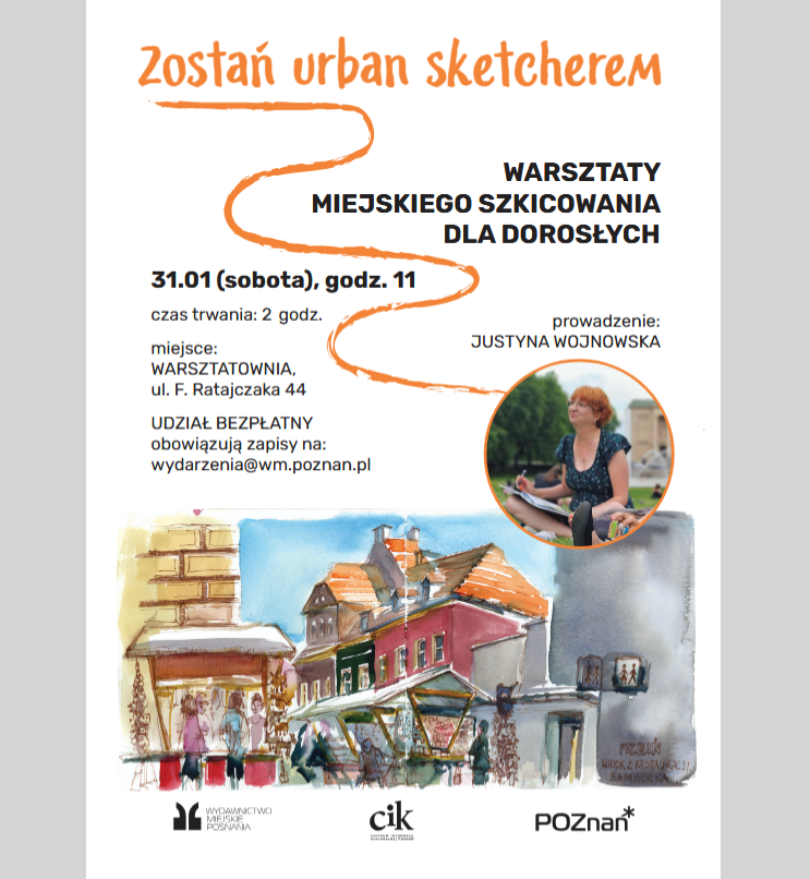 na białym tle w dolnej części widoczne kolorowe rysunki miejskich zabudowań, w górnej części informacje o wydarzeniu