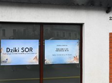 Na fotografii widać budynek Dzikiego SORu wraz z informacjami kontaktowymi przyklejonymi na szybie.