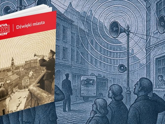 Na grafice po lewej stronie okładka książki, z trębaczem grającym na balkonie, przed nim widok starego miasta. Tłem do okładki jest rysunek ulicy w mieście, ze stojącym na ulicy głośnikiem, z którego wydobywa się dźwięk. Przechodzący unoszą głowy i sluchają.
