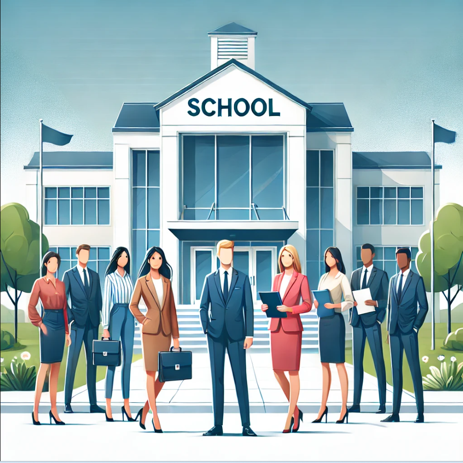 Na grafice rysunkowej widoczny jest budynek szkoły oraz pracujący w nim ludzie, nauczyciele