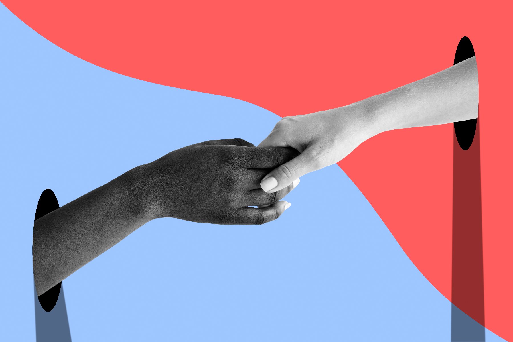 Na niebiesko-czerwonym tle dwie dłonie splecione w uścisku