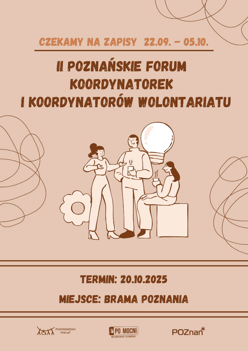 Na plakacie ważne informacje dotyczące terminu i miejsca wydarzenia oraz grafika przedstawiająca osoby rozmawiające ze sobą przy kawie