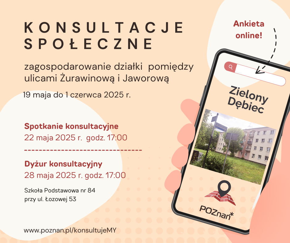 Na różowym tle informacje dotyczące spotkania konsultacyjnego, dyżuru. Widać telefon ze zdjęciem działki, której dotyczą konsultacje