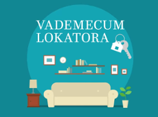 Na środku grafiki widać napis "Vademecum Lokatora". Pod napisem jest obrazek breloczka z kluczami do mieszkania oraz kanapy, półek z książkami, obrazów na ścianie i roślinki. Tło grafiki jest błękitne.