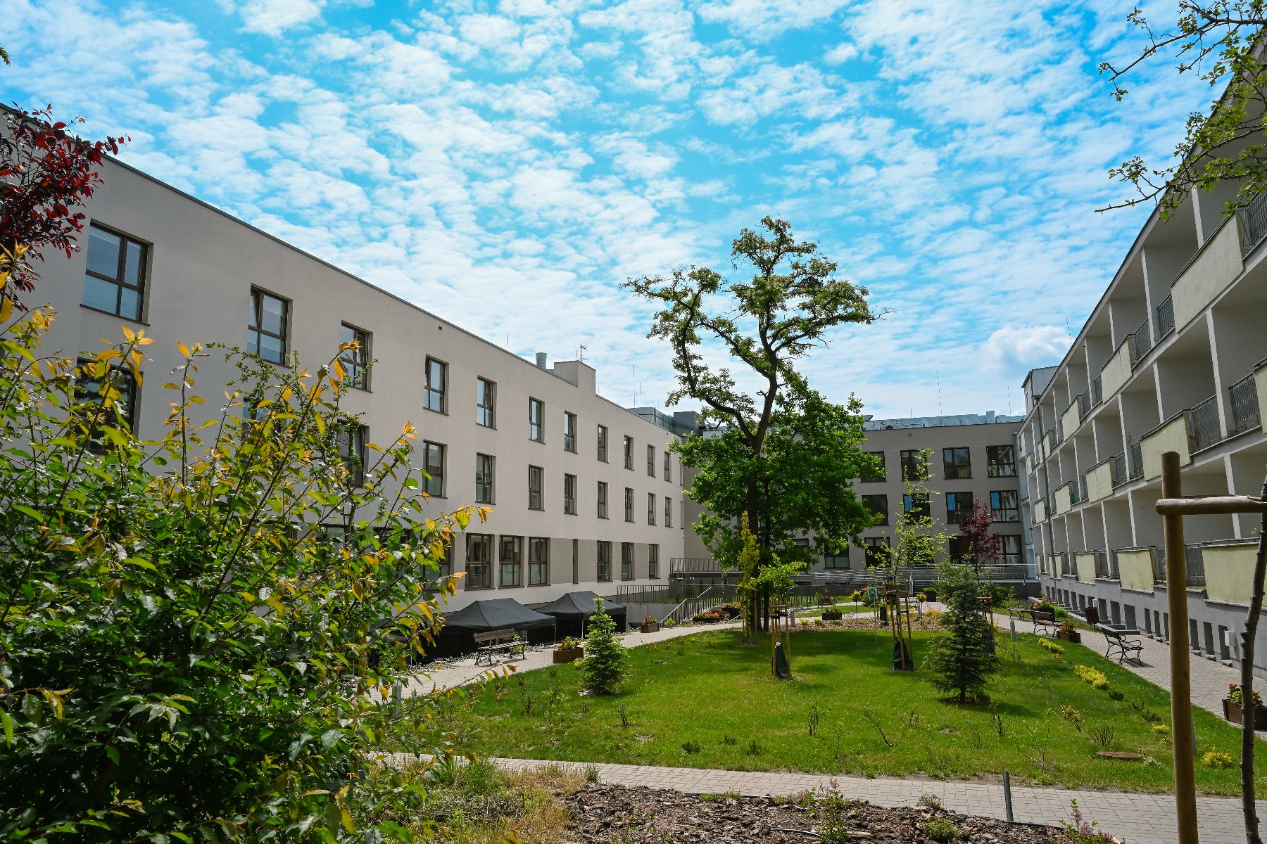 Na zdjęciu budynek zakładu, na pierwszym planie kwiaty, w tle spacerująca starsza kobieta