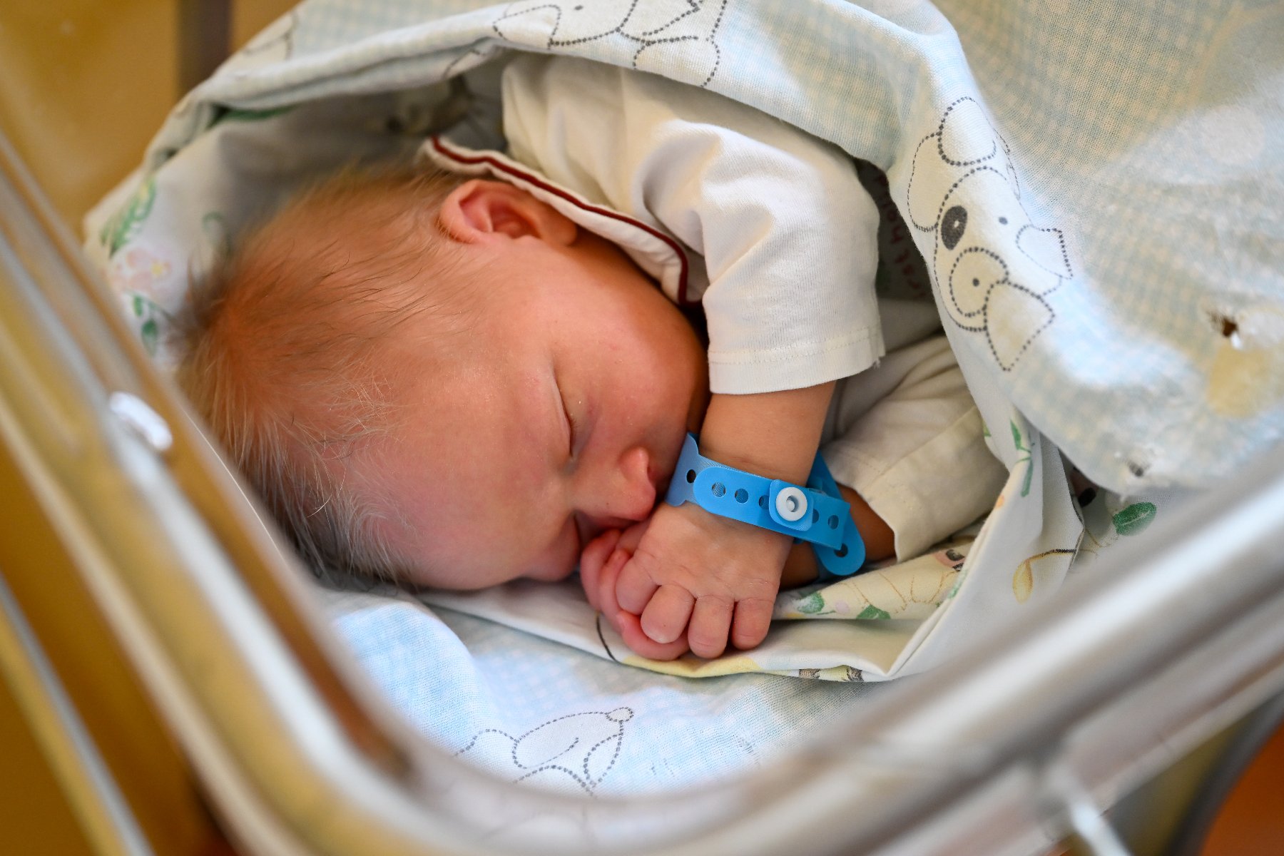 Na zdjęciu niemowlę śpiące w szpitalnym łóżeczku