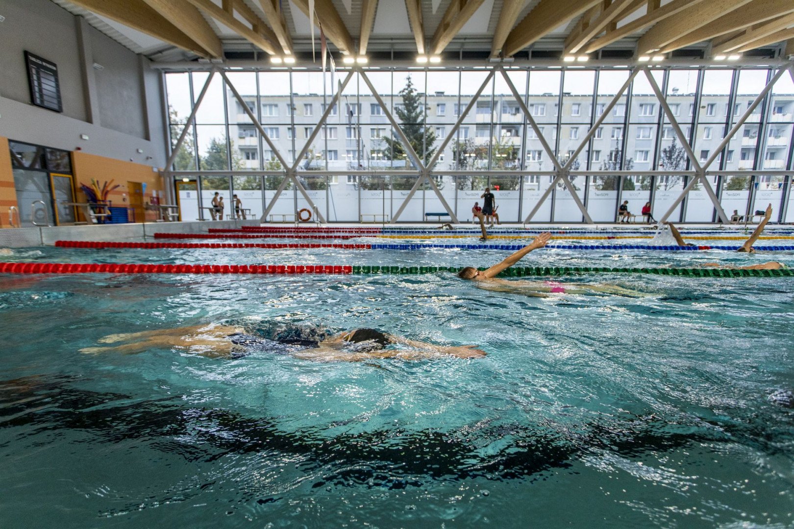 Na zdjęciu pływacy w basenie, w tle duże okno, przez nie widać bloki