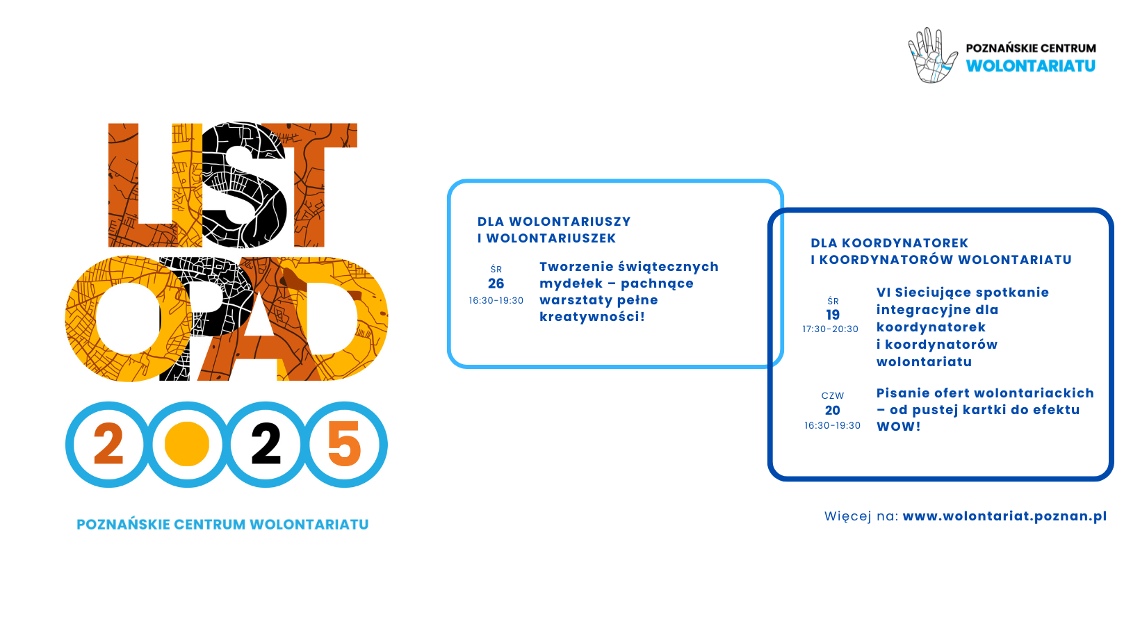 na zdjęciu po lewej znajduje się kolorowy napis "listopad 2025", a po prawej znajdują się ramki z datami warsztatów