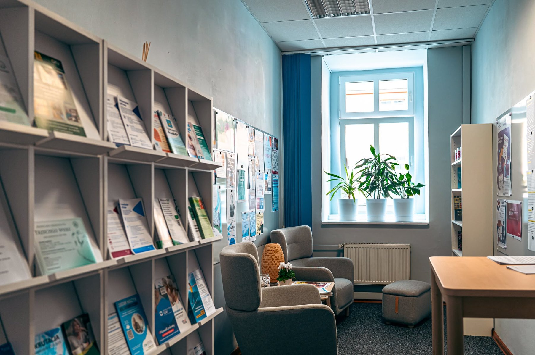 Na zdjęciu pokój w siedzibie CIS, widać dwa fotele, stolik, w tle okno z doniczkami na parapecie