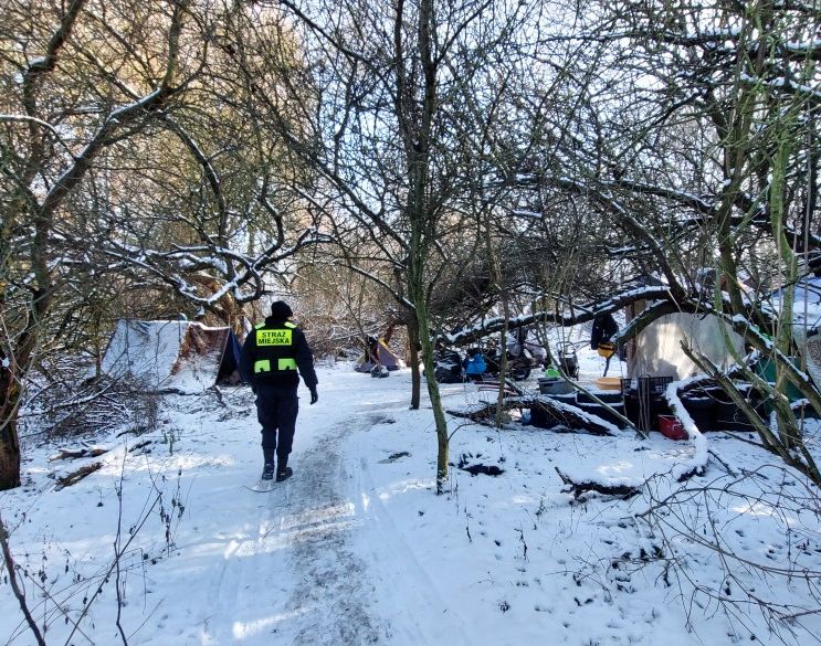 na zdjęciu strażnik miejski idzie w stronę szałasów osób w kryzysie bezdomności pośród śniegu i ośnieżonych drzew