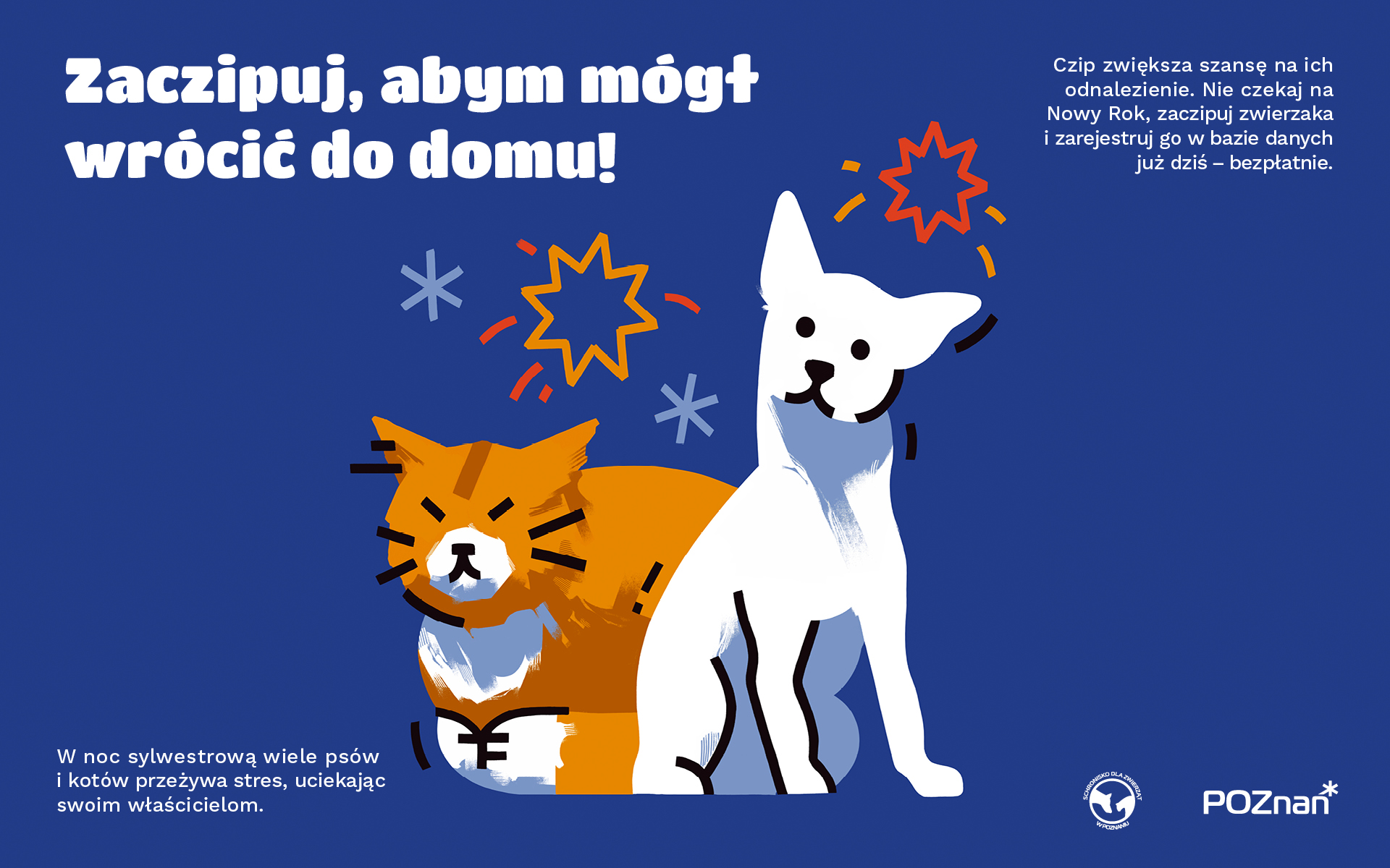 Narysowany pies i kot na plakacie promującym czipowanie zwierząt przed Sylwestrem