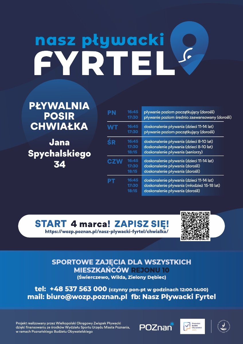 Na plakacie widać harmonogram zajęć oraz QR Code odsyłający do formularza zapisowego na zajęcia. Ponadto widoczne są dane kontaktowe, logo projektu oraz informacja do kogo skierowane są zajęcia.